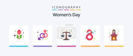 Téléchargez les illustrations : Womens Day Flat Pack de 5 icônes y compris la femme. discours. échelles. politicien. mode. Icônes créatives Design - en licence libre de droit