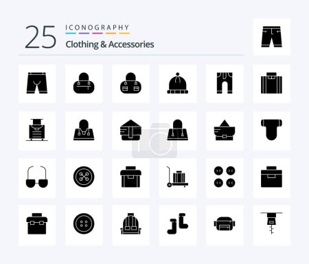 Téléchargez les illustrations : Vêtements et accessoires Pack d'icônes 25 Solid Glyph incluant les bagages. les affaires. tricoté. Une mallette. pantalon - en licence libre de droit