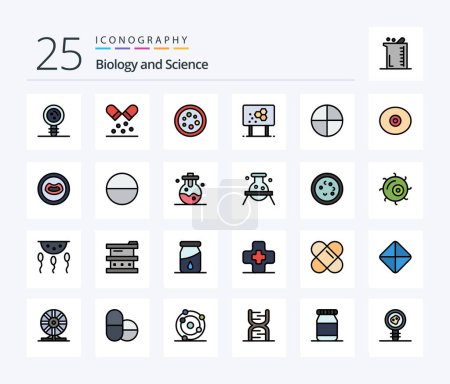 Téléchargez les illustrations : Biologie Pack d'icônes rempli de 25 lignes incluant la formule. biologie. pilules. biochimie. laboratoire - en licence libre de droit