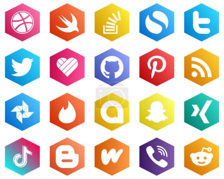 Ilustración de 25 High-quality White Icons such as snapchat. tinder. tweet. google photo and rss icons. Hexagon Flat Color Backgrounds - Imagen libre de derechos