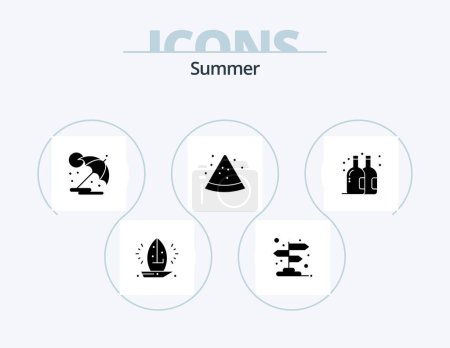 Ilustración de Summer Glyph Icon Pack 5 Icon Design. Una botella. sandía. puntero. Rebanada. vacaciones - Imagen libre de derechos
