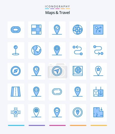 Téléchargez les illustrations : Creative Maps & Travel Pack d'icônes bleu 25 tel que l'emplacement. l'équipement. monde. carte. broche - en licence libre de droit