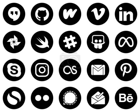 Ilustración de 20 High-Quality White Social Media Icons on Black Background such as meta. chat. google photo. skype and meta icons. Fully editable and unique - Imagen libre de derechos