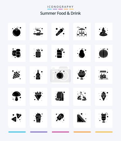 Téléchargez les illustrations : Creative Summer Food & Drink 25 Glyphe Solid Black icône pack Tels que la pizza. coin salon. la nourriture. boire. bar - en licence libre de droit