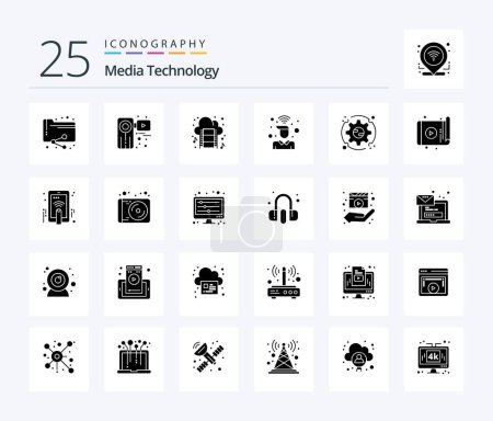 Téléchargez les illustrations : Media Technology 25 Solid Glyph icon pack including wifi. signal. film. on. music - en licence libre de droit