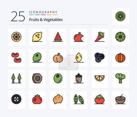 Téléchargez les illustrations : Fruits et légumes Pack icône rempli de 25 lignes incluant des légumes. ingrédient. fruits. la nourriture. intellect - en licence libre de droit