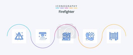 Téléchargez les illustrations : Pack 5 icônes bleu pompier, y compris alarme. pompier. architecture. feu. appel - en licence libre de droit
