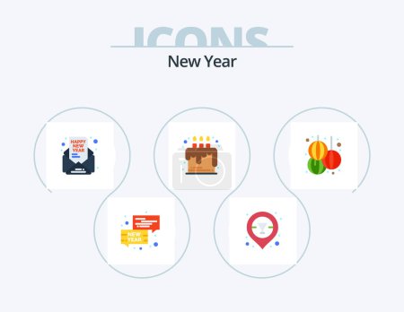 Téléchargez les illustrations : New Year Flat Icon Pack 5 Icon Design. lantern. party. invite. food. cake - en licence libre de droit