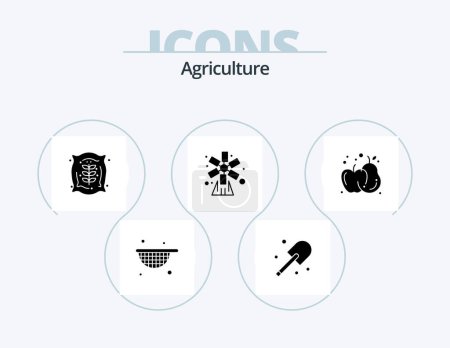 Téléchargez les illustrations : Agriculture Glyph Icon Pack 5 Icon Design. food. windmill. bag. nature. farming - en licence libre de droit