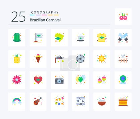 Téléchargez les illustrations : Carnaval brésilien 25 Pack icône couleur plate, y compris le pays. au brésil. au brésil. drapeau. café - en licence libre de droit
