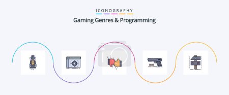 Téléchargez les illustrations : Gaming Genres And Programming Line Filled Flat 5 Icon Pack Including pistol. gun. developer. gloves. competition - en licence libre de droit