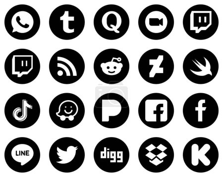 Ilustración de 20 Versátiles iconos de medios sociales blancos sobre fondo negro, como China. douyin. contracción. tiktok y deviantart iconos. Atractivo y de alta definición - Imagen libre de derechos