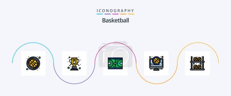 Téléchargez les illustrations : Basketball ligne rempli plat pack de 5 icônes y compris match. jeu. Cour. basket. olympique - en licence libre de droit