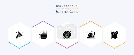 Téléchargez les illustrations : Summer Camp 25 Glyph icon pack including . location. no fire. compass. outdoor - en licence libre de droit