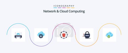 Téléchargez les illustrations : Network And Cloud Computing Flat 5 Icon Pack Including storage. cloud. protect. passward. locked - en licence libre de droit