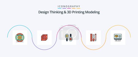 Téléchargez les illustrations : Design Thinking And D Printing Modeling Line Filled Flat 5 Icon Pack Including box. education. research. scale. pen - en licence libre de droit