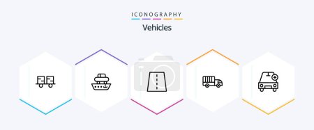 Téléchargez les illustrations : Vehicles 25 Line icon pack including transport. delivery. transport. highway. creative - en licence libre de droit