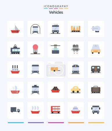 Téléchargez les illustrations : Creative Vehicles 25 Flat icon pack  Such As zeppelin. wagon. transportation. vehicle. trolley bus - en licence libre de droit