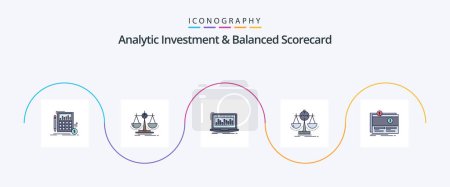 Illustration for Analytic Investment And Balanced Scorecard Line Filled Flat 5 Icon Pack Including measure. balanced. law. stock. index - Royalty Free Image