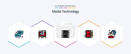 Ilustración de Media Technology 25 FilledLine icon pack including target. focus. online. cell. save - Imagen libre de derechos