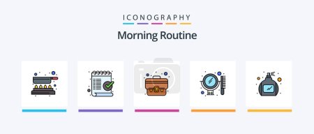Téléchargez les illustrations : Morning Routine Line Filled 5 Icon Pack Including newspaper. cup. shaver. breakfast. mirror. Creative Icons Design - en licence libre de droit