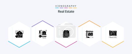 Téléchargez les illustrations : Real Estate 25 Glyph icon pack including map. home. estate. blueprint. home - en licence libre de droit