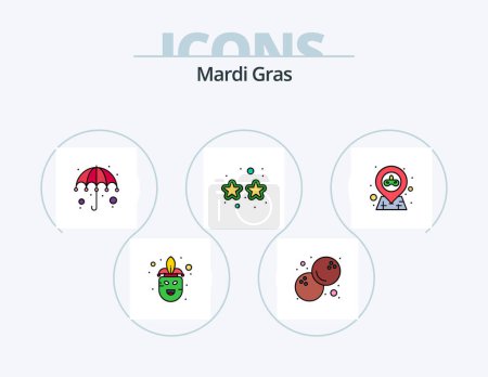 Ilustración de Mardi Gras Line Filled Icon Pack 5 Icon Design. . fruits. mask. food. flag - Imagen libre de derechos