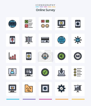 Illustration for Creative Online Survey 25 Line FIlled icon pack  Such As phone. online. emojis. dollar. add - Royalty Free Image