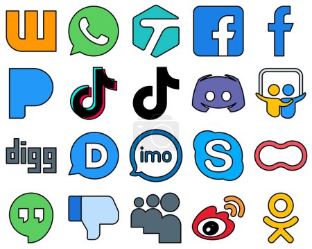 Illustration for 20 Unique Line Filled Social Media Icons such as digg. douyin. text and discord Fully Editable and Customizable - Royalty Free Image