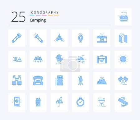 Téléchargez les illustrations : Camping 25 Blue Color icon pack including photography. map. campsite. holiday. pin - en licence libre de droit