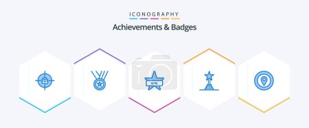 Téléchargez les illustrations : Achievements and Badges 25 Blue icon pack including prize. location. badges. performance award. award - en licence libre de droit