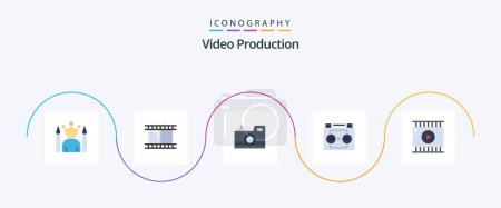 Téléchargez les illustrations : Video Production Flat 5 Icon Pack Including digital recording. audio tape. audio recording. retro camera - en licence libre de droit