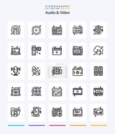 Ilustración de Creative Audio And Video 25 OutLine icon pack  Such As loudspeaker. wave. video. volume. music - Imagen libre de derechos