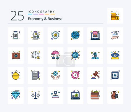 Téléchargez les illustrations : Economy And Business 25 Line Filled icon pack including online. world economy. money. economy. banking - en licence libre de droit