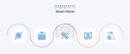 Téléchargez les illustrations : Smart Home Blue 5 Icon Pack Including home. monitor. stove. house. computer - en licence libre de droit