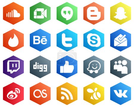 Téléchargez les illustrations : 25 Minimalistic White Icons such as twitch. chat. blog. skype and twitter icons. Hexagon Flat Color Backgrounds - en licence libre de droit