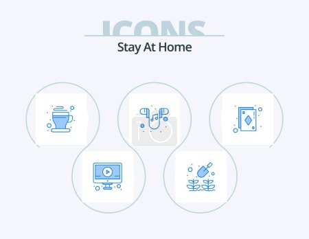 Téléchargez les illustrations : Stay At Home Blue Icon Pack 5 Icon Design. cards. phone. drink. music. ear - en licence libre de droit