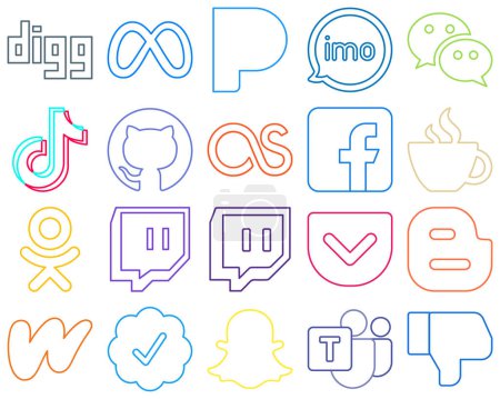 Illustration for 20 Simple and minimalist Colourful Outline Social Media Icons such as facebook. github. wechat and video Fully customizable and professional - Royalty Free Image