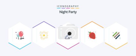 Illustration for Night Party 25 Flat icon pack including drum . sweet. mic. strawberry. night - Royalty Free Image