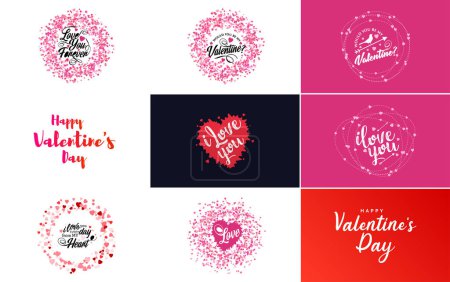 Téléchargez les illustrations : Happy Valentine's Day greeting card template with a floral theme and a pink color scheme - en licence libre de droit