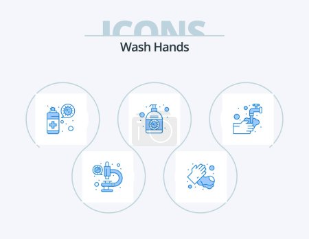 Illustration for Wash Hands Blue Icon Pack 5 Icon Design. hands. hand. cleaning. corona. lotion - Royalty Free Image