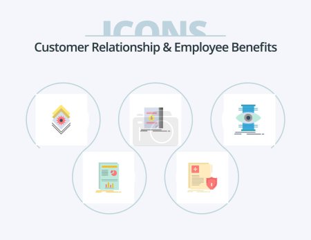 Téléchargez les illustrations : Customer Relationship And Employee Benefits Flat Icon Pack 5 Icon Design. eye. money. health. cash. server - en licence libre de droit