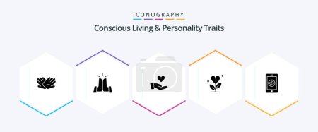 Illustration for Concious Living And Personality Traits 25 Glyph icon pack including heart. grow. high. gratitude. hand - Royalty Free Image
