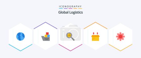 Téléchargez les illustrations : Global Logistics 25 Flat icon pack including setting. logistic. transportation. box. magnifier - en licence libre de droit
