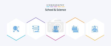 Illustration for School And Science 25 Blue icon pack including frame. pen. book. literature. books - Royalty Free Image