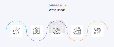 Illustration for Wash Hands Line 5 Icon Pack Including hands. hands care. cleaning. sanitizer. soap - Royalty Free Image