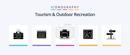 Téléchargez les illustrations : Tourism And Outdoor Recreation Glyph 5 Icon Pack Including hotel. photo. hotel. landmark. picture. Creative Icons Design - en licence libre de droit