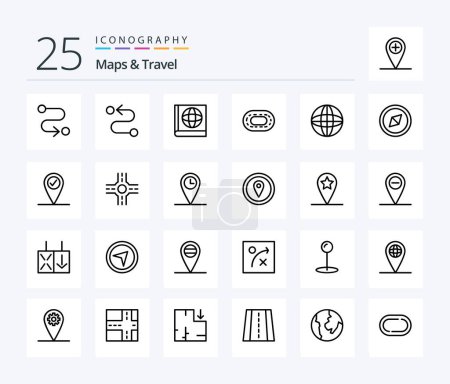 Illustration for Maps & Travel 25 Line icon pack including time. geo. arrow. crossroad. check in - Royalty Free Image