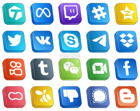 Ilustración de 20 Isometric 3D Icons of Major Social Media Platforms such as kuaishou. twitter. messenger and chat icons. Versatile and premium - Imagen libre de derechos