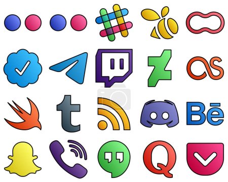 Illustration for 20 Customizable icons feed. tumblr. telegram. swift and deviantart Filled Line Style Social Media Icon Collection - Royalty Free Image